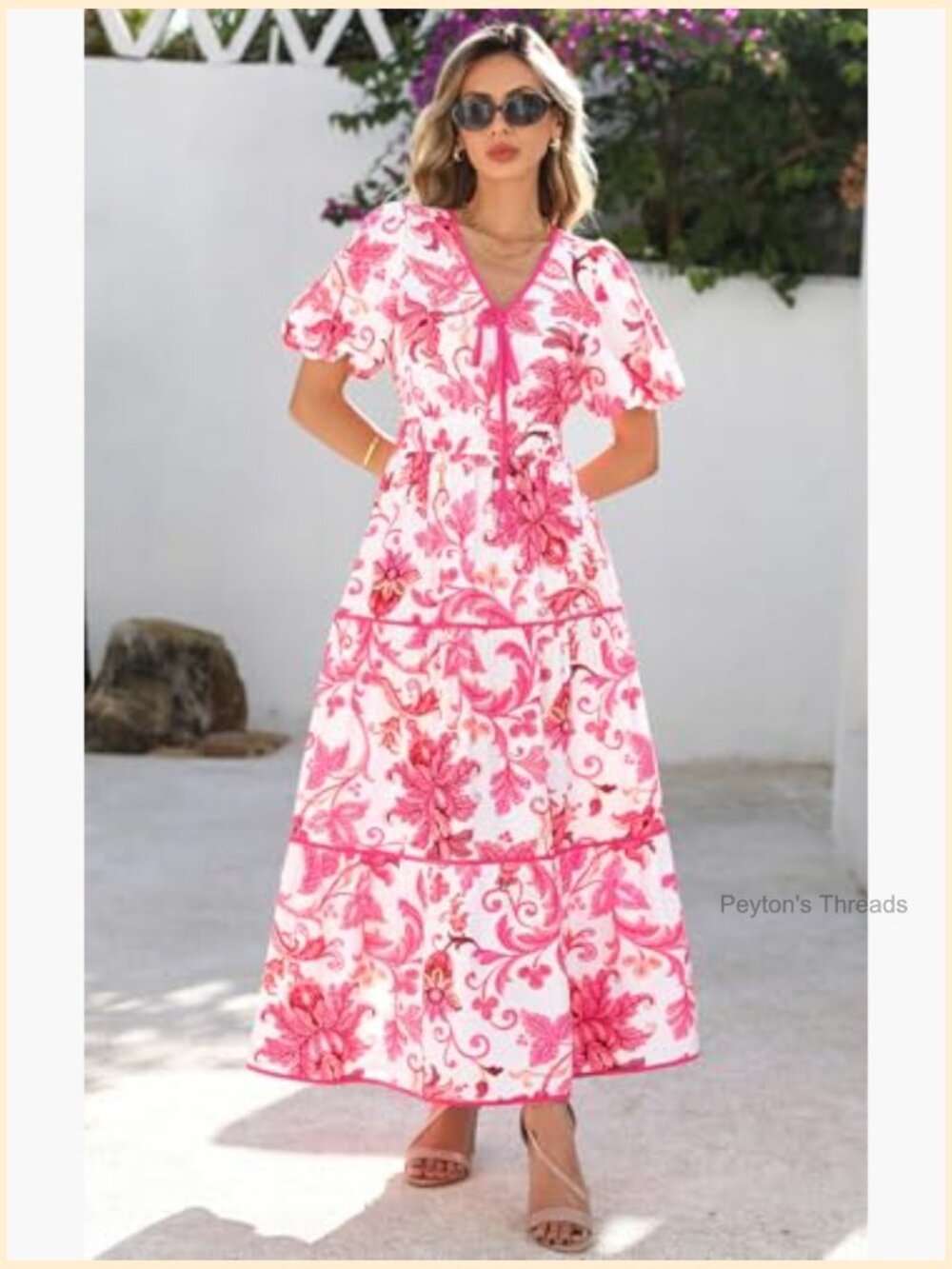 Boho Flowy Tiered Maxi Dress Wedding Guest V Neck Puff Sleeve - Picture 3 of 7